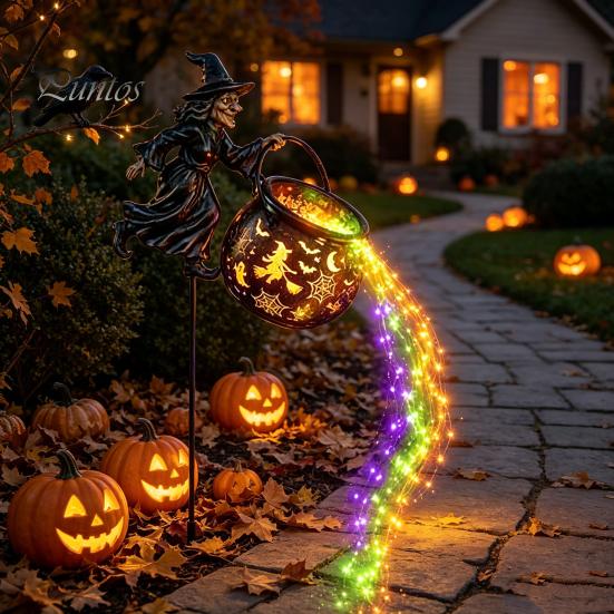 Landscape Decor for Windowsill Halloween Witch Garden Stake Light Outdoor Decoration, 33.5 Inch Waterfall-Style Metal Lighting Lawn Cauldron Ornament,