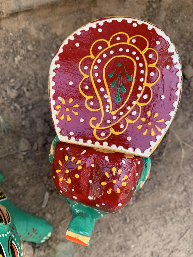 Hand Painted Wooden Elephant Stool Pair, Indian Folk Art Decorative Table
