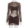 Europäischer & Amerikanischer Stil Damen Herbst/Winter Einfarbige Sexy Mesh-Einsätze Langarm Kurzkleid