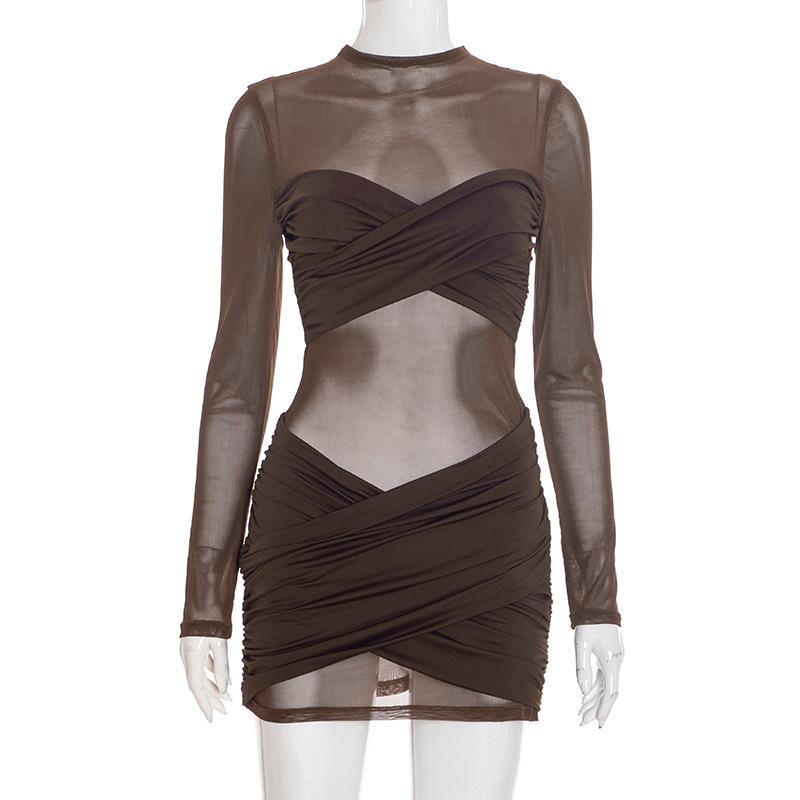 Europäischer & Amerikanischer Stil Damen Herbst/Winter Einfarbige Sexy Mesh-Einsätze Langarm Kurzkleid