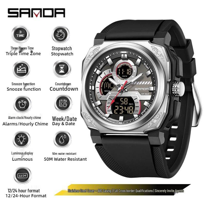 Sanda Multifunctional Sport Men s Quartz Watch - Square, Fashionable, Waterproof, Dual Display  Alarm.
