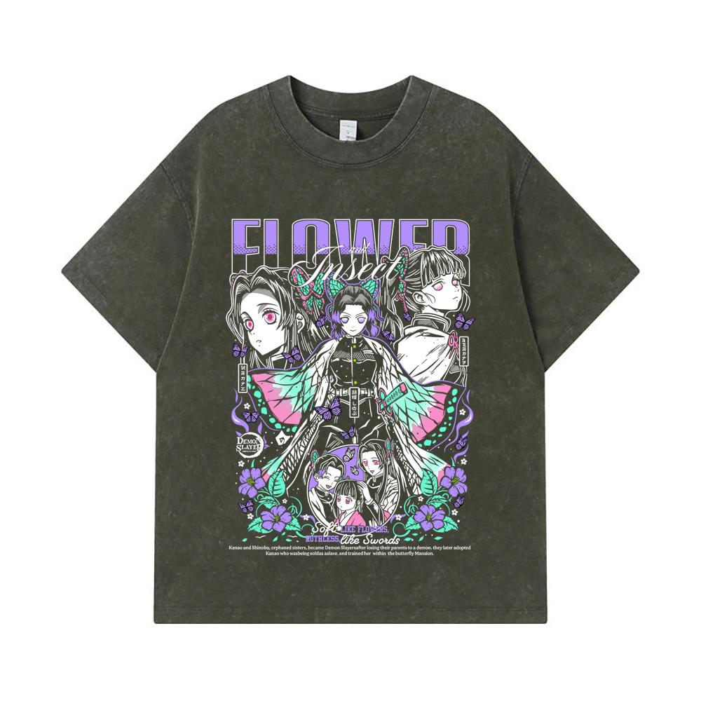 

275 GSM Washed T-shirts 100% Cotton Demon Slayer V110 Shinobu Print Unisex Heavy Cotton T Shirt S армия зеленый