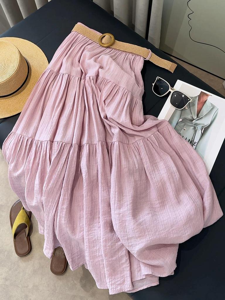 2026 Spring Women's High Waist A-line Pleated Skirt, Gentle Ice Silk Cotton Linen, Fat-Concealing Cake Design