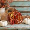 Thanksgiving Seasonal Tabletop Decor Wooden Pumpkin Decor, Vintage Striped Hollow Carved Ornament Halloween Tiered Tray Ornaments for Home Party,
