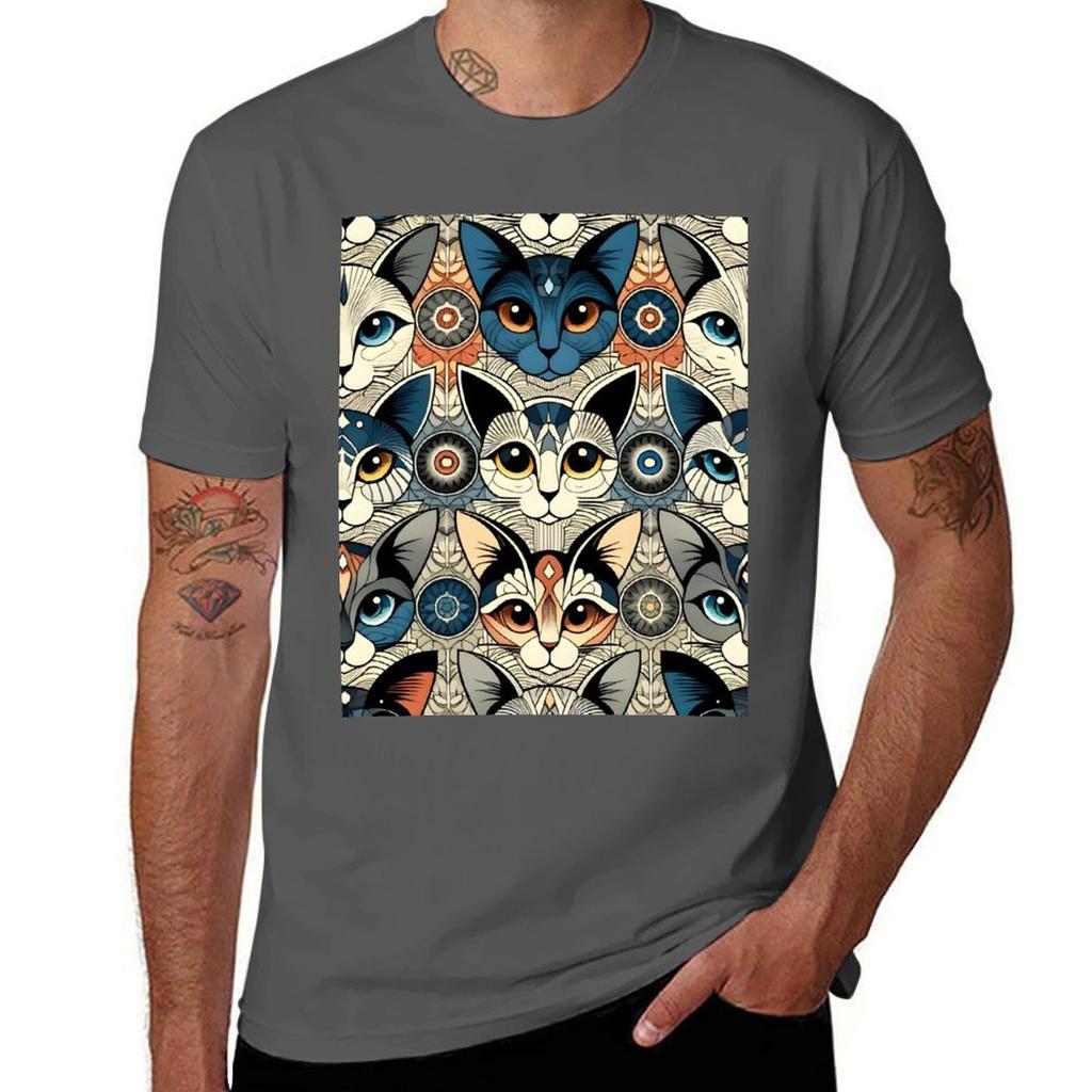 Folk Art Cat Illustration Whimsical Feline Pattern Artwork Tshirt Summer Print Short Sleeve Tee