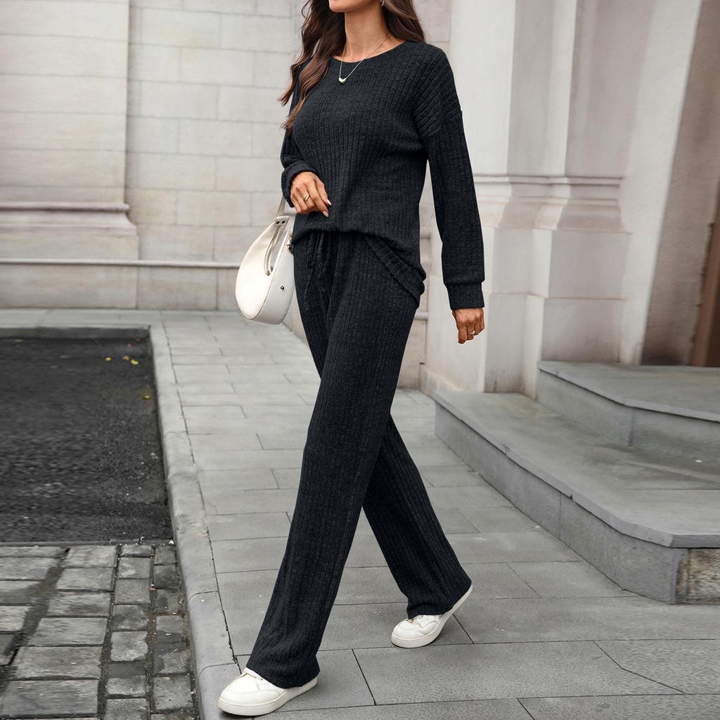 Women's Fashionable And Comfortable Round Neck Knit Long Sleeve Brushed Pants Loungewear Set