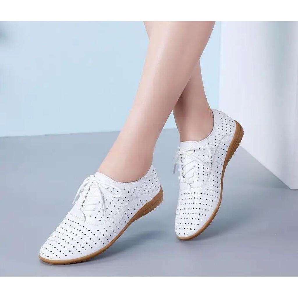 Women Hollow Out Oxford Shoes Girls Ballerina Soft Sole Flats Genuine Leather Loafers Summer Lace Up Flats Shoes