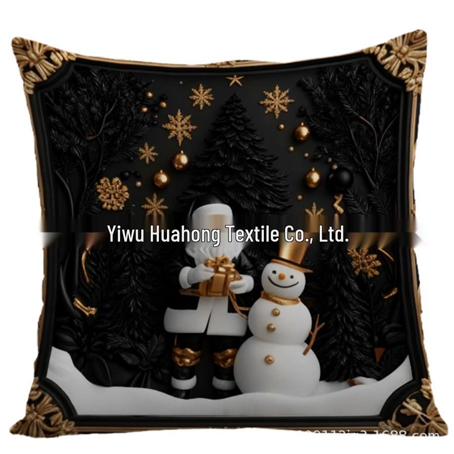 3D Santa, Snowman & Reindeer Printed Velvet Pillow Cover - Christmas Theme 45x45cm