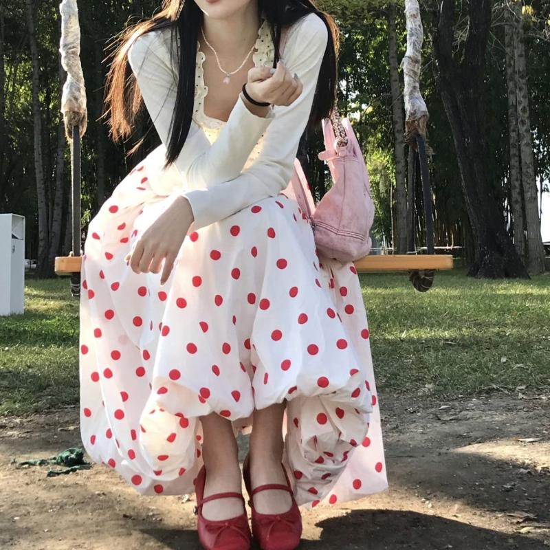 Fustă Midi A-Line Dulce Drăguță cu Buline în Stil Japonez - Buline Roșii pentru Femei Primăvară/Vară