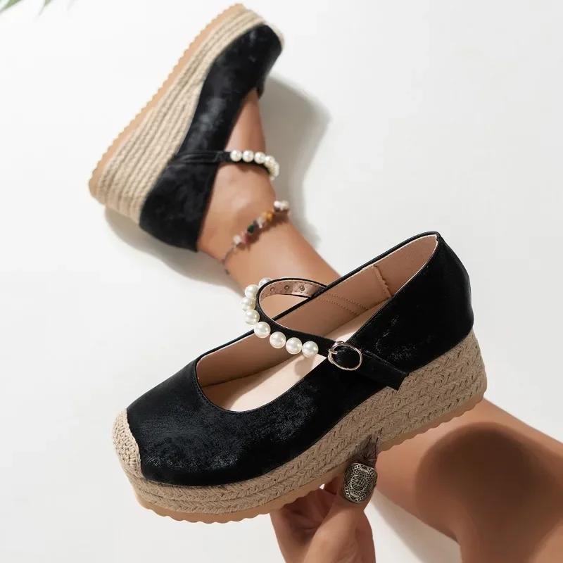 Fashion 2024 New Shoes Female Buckle Women's Pumps Autumn Round Toe Beads Solid Platform Casual Comfortable Shallow Office Ladies Shoes