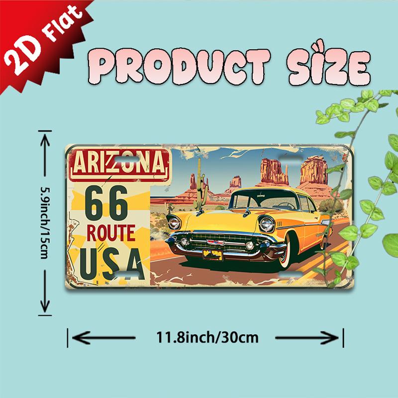 2D Flat, Vintage Metal Tin Sign - Route 66 Retro Car & Arizona Landscape Wall Art, 11.8x5.9 Inch Aluminum Decorative Plaque
