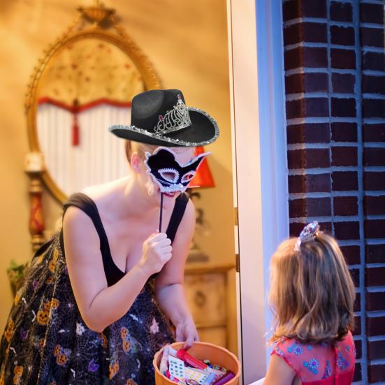 Women Cowboy Hat Rhinestones Inlay Crown Shiny Sequined Hat Brim Western-Themed Night Party Ladies Fancy Dress Festival Cowboy Costume Accessories