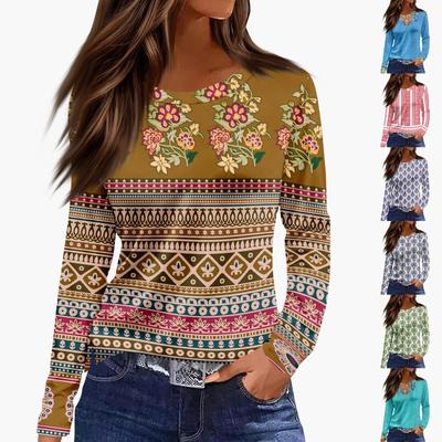 Ladies' Fashionable Casual Long Sleeved Popular Retro Floral Print Pullover Top