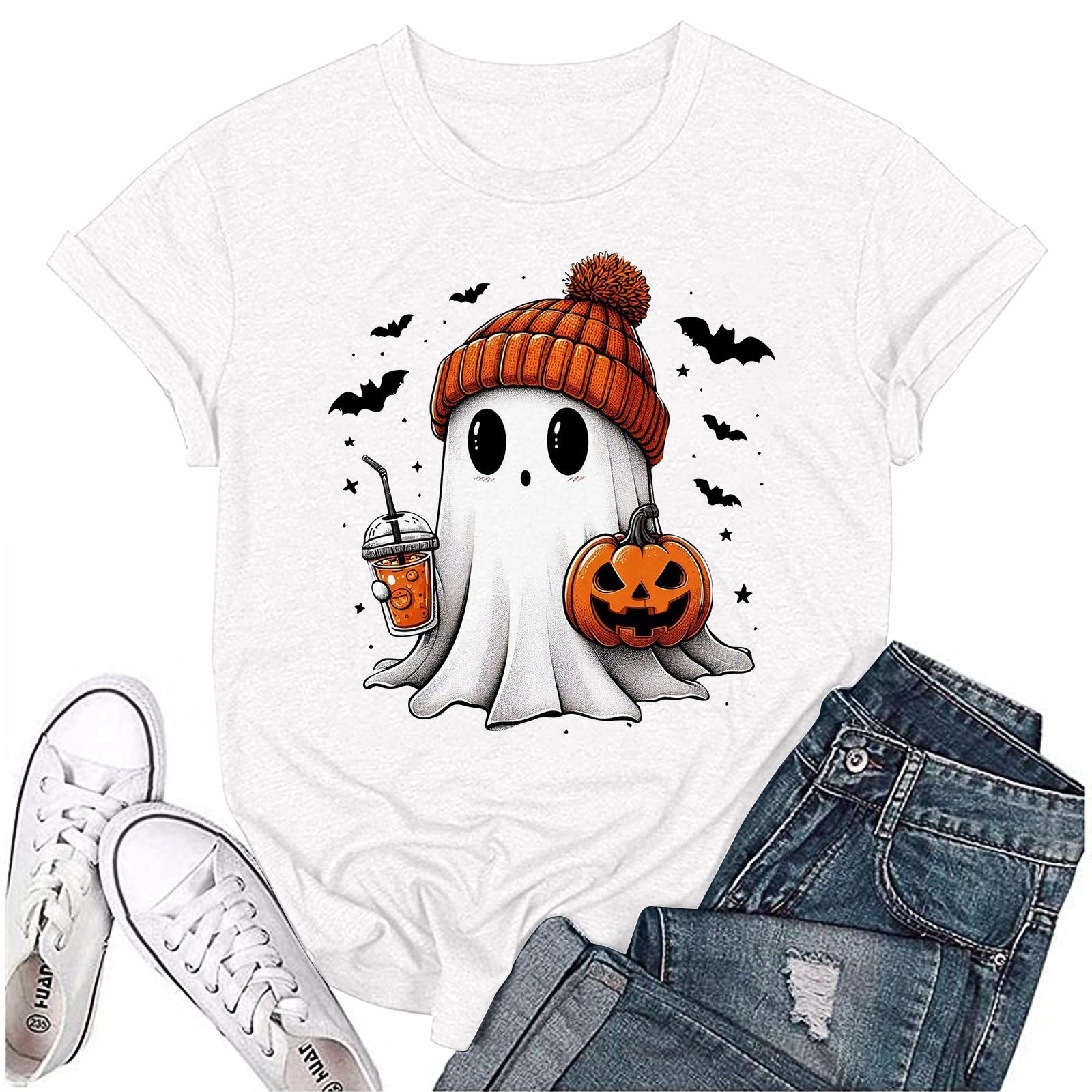 

Женский свободный свитер с круглым вырезом и короткими рукавами с принтом призрака на Хэллоуин XL белый