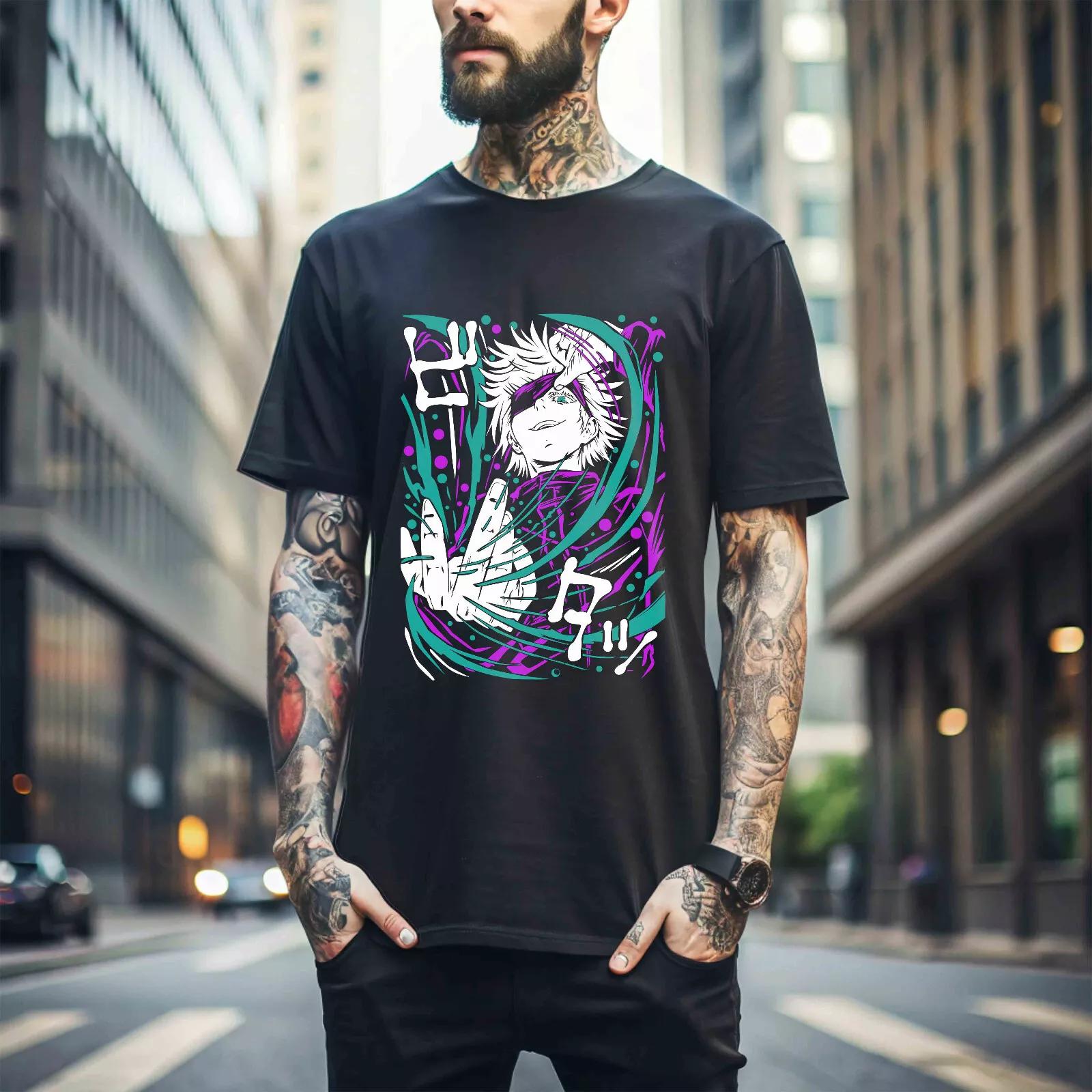 

100% cotton TOPS UNISEX TEES MENS WOMENS Gojo Satoru T-Shirt Jujutsu Kaisen best Anime manga lover black t-shirt 013 L