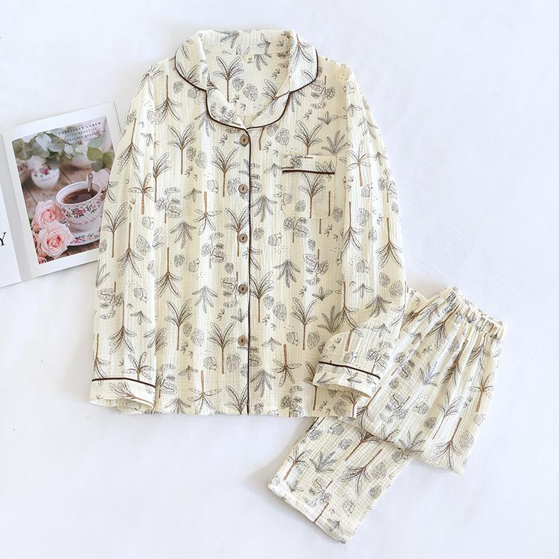 Spring and Autumn Women's Pajama Set 100% Cotton Crepe Long Sleeved Pants Two Piece Cute and Sweet Home Fury Set Ladies