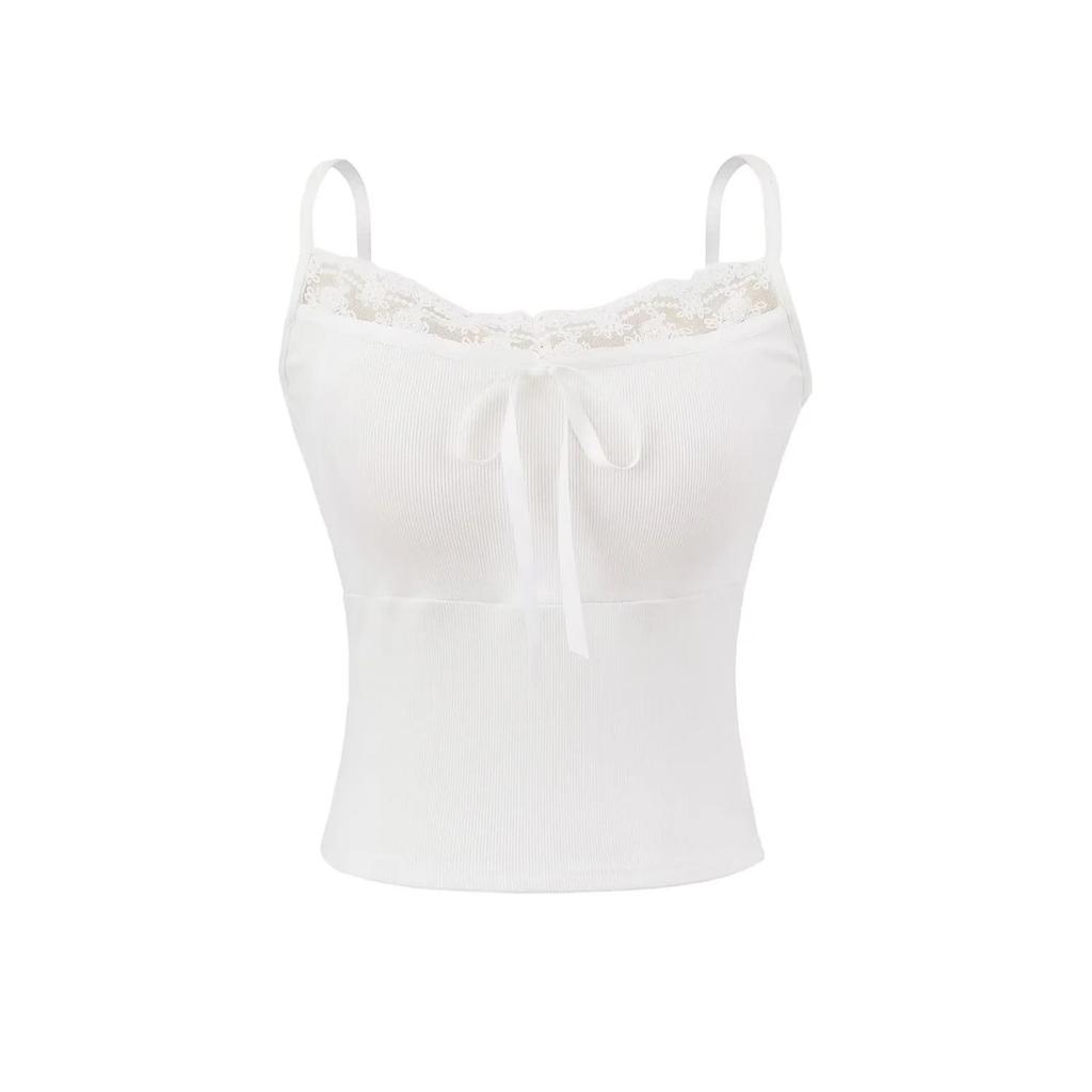 Lace Crop Top with Bowknot & Chest Pads - Slimming Summer Camisole for Petite Women