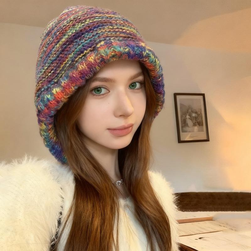Winter Ear Protection Hat Rainbow Stripe Knitted Headgear Korean Women Fisherman Cap Girls Ski Riding Bonnet