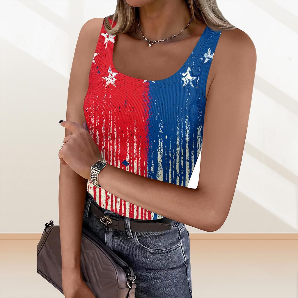 Women's Summer Fashionable Casual Independence Day Printed Round Neck Sleeveless Top Fitted Vest