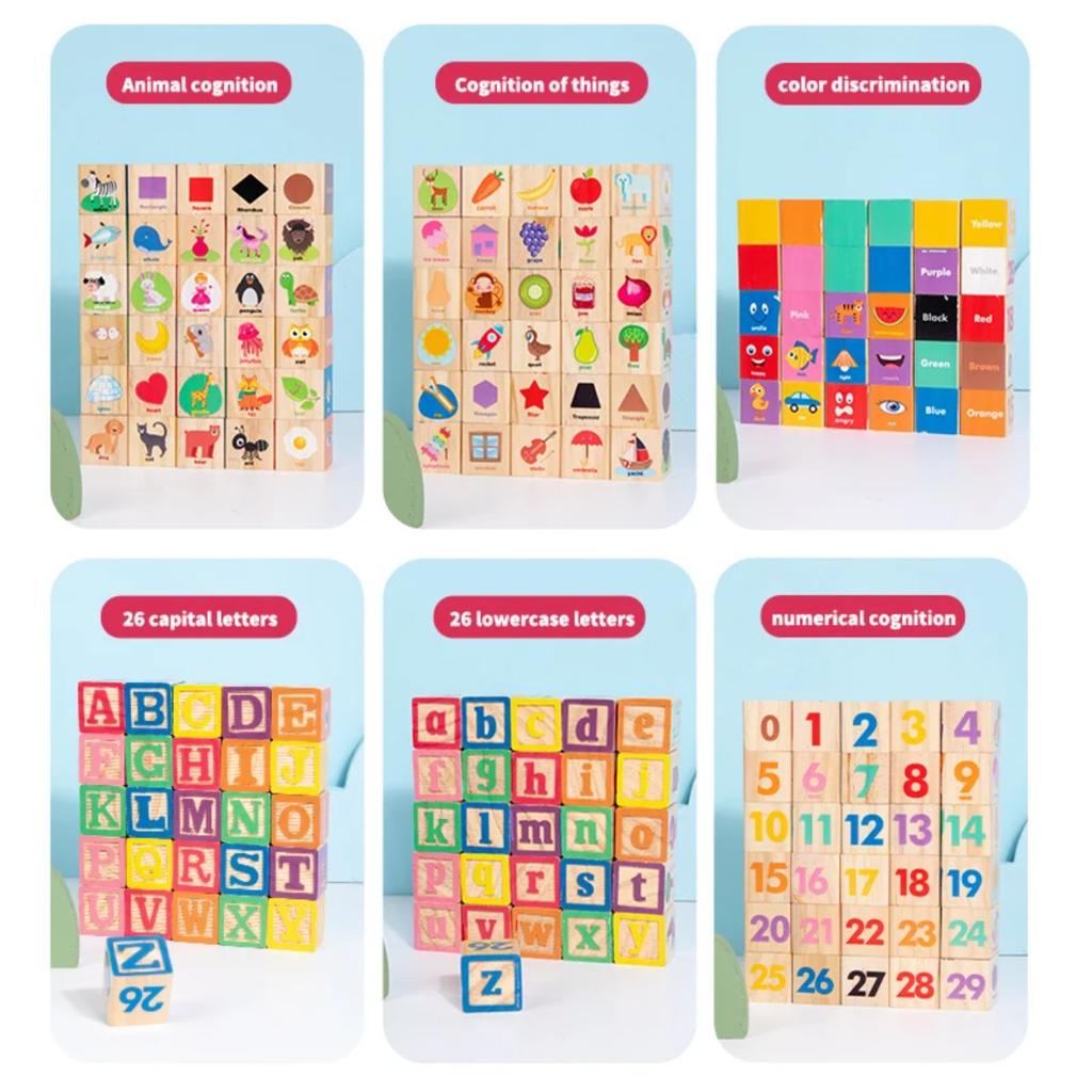 30 uds. Juego de Bloques de Construcción de Madera con Números y Letras de Dibujos Animados para Niños Juguete Educativo Temprano Montessori para Niños Niñas
