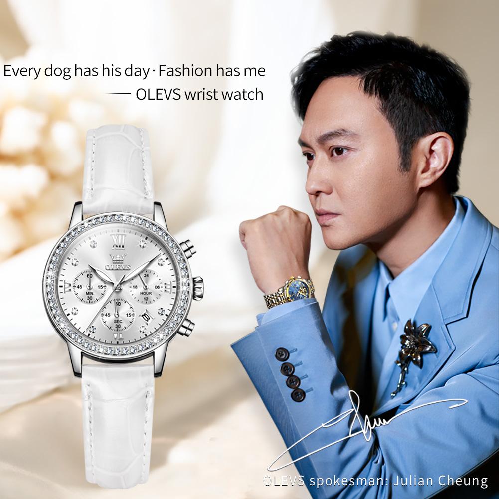 OLEVS 9933 Women' Watches Luxury Brand Diamond Quartz Wristwatch Waterproof Luminous Leather Strap Multifunction Ladies Watch