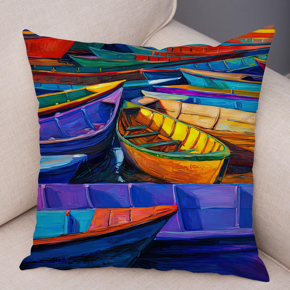 Federa Cuscino Stile Pittura ad Olio Paesaggio Colorato Barca Cavallo Stampa Floreale Lino Morbido Soggiorno Camera da Letto Casa Federa