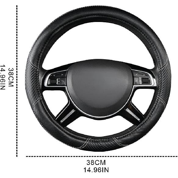 CAR-GRAND Carbon Fiber Steering Wheel Cover, Premium Breathable Leather Sporty Wheel Protection Interior Accessories Standard Size[14" 1/2-15"]