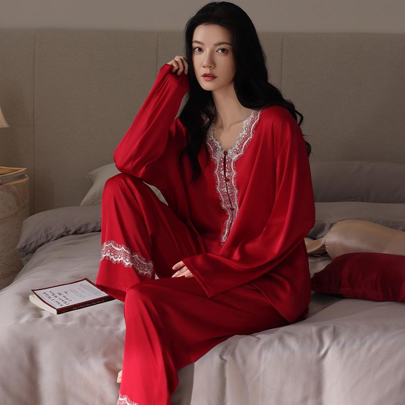 New pajamas women s spring and autumn ice silk long sleeves summer imitation silk red natal loungewear set m recommended 40-50kg