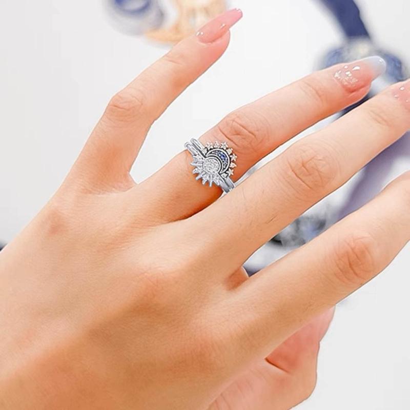 2Pcs Colorful Diamonds Open Rings Alloy Finger Rings Ornaments Stackable Sun Moon Rings Accessory Set for Women Girls