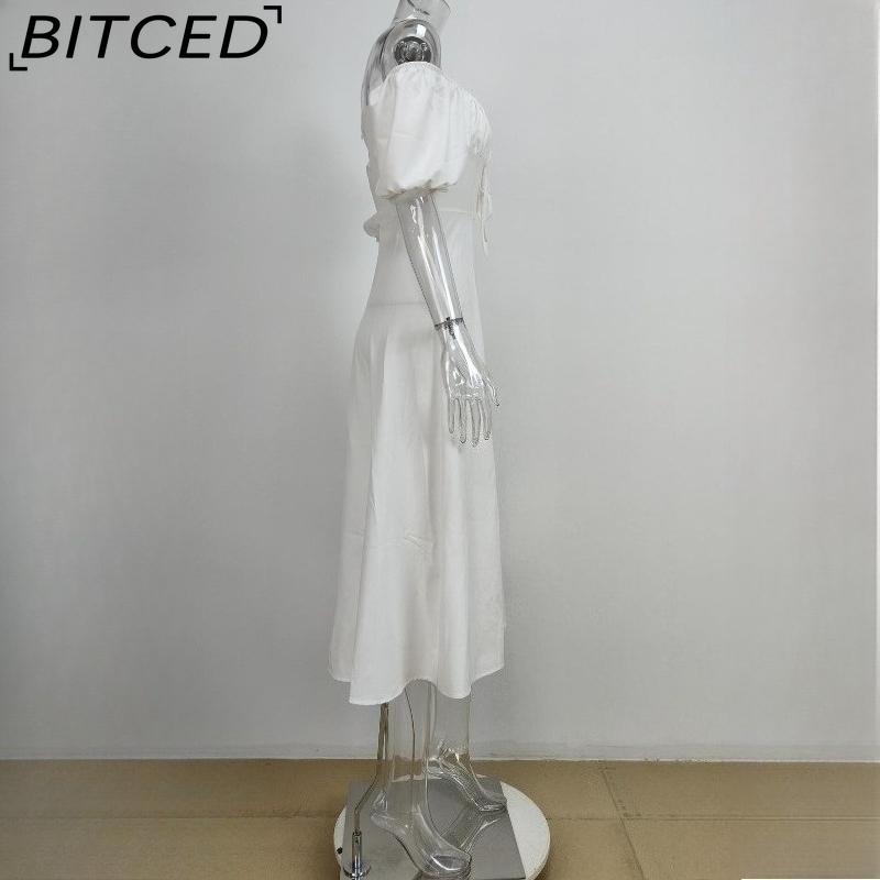 BITCED Spring/Summer Long Dress Women's Commuter Puff Sleeve Tie-Waist Slit Dress