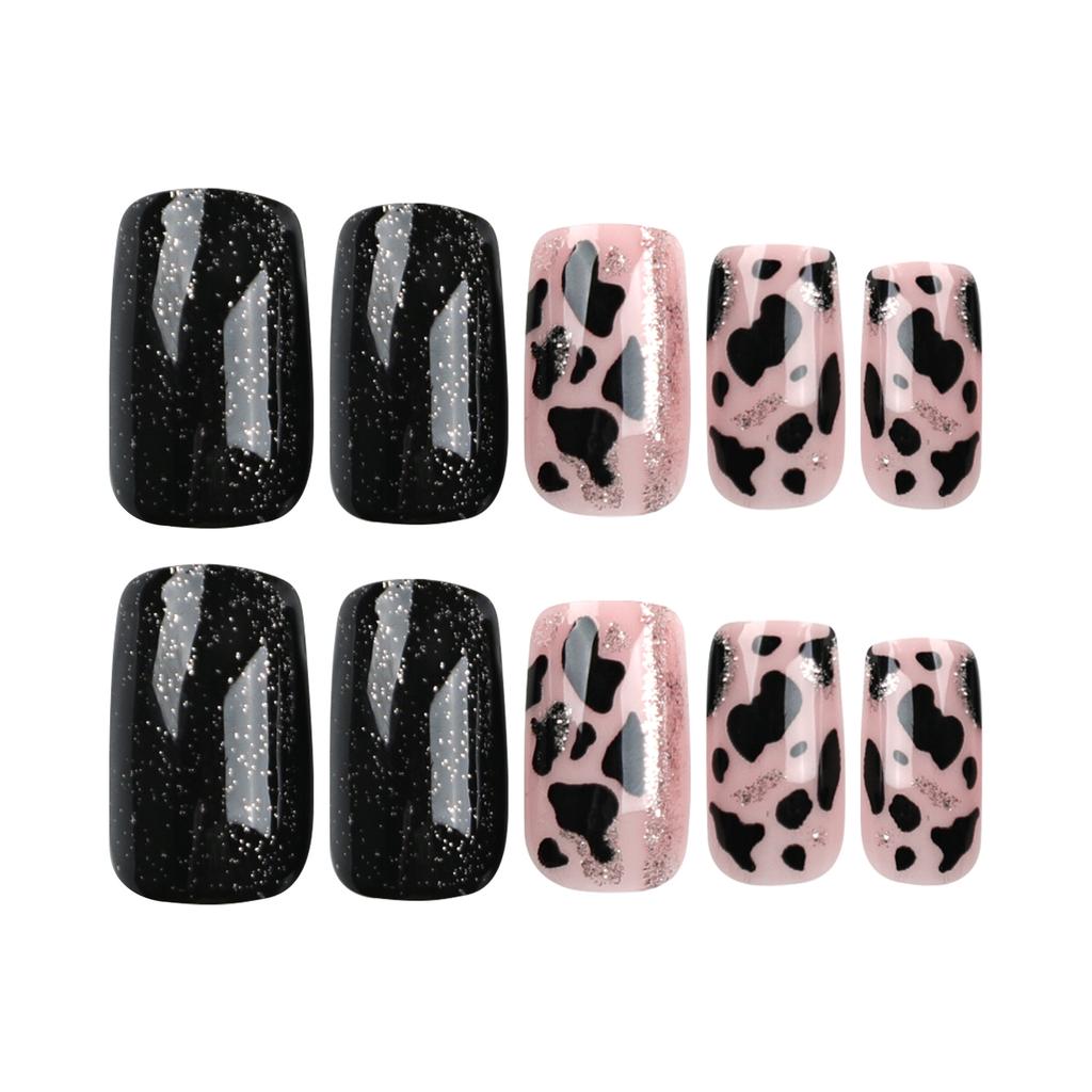 New Gold Glitter Striped Nail Art Fake Nail Cow Pattern Nail Piece Black Solid Color Nail Patch