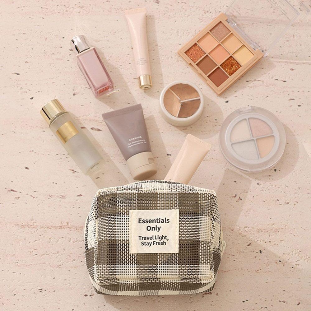 New Multi-purpose Mesh Cosmetic Bag Checkered Portable Travel Mesh Toiletry Bag Makeup Storage Case Storage Bag