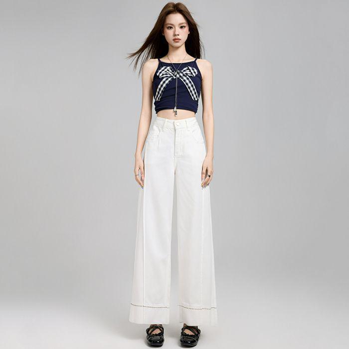 Women s Embroidered High-Waisted Tencel Lyocell Wide-Leg Pants L