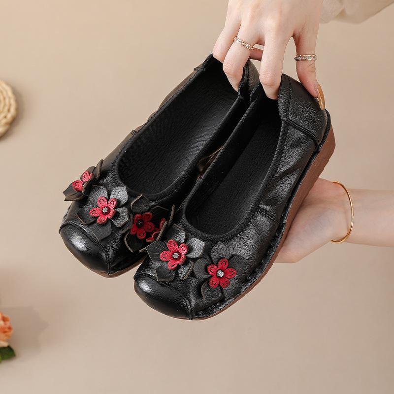 Shallow Single Shoes, Genuine Leather Women's Shoes, Shoe Flowers, One Pedal, Doudou Round Head Thick Sole, Spring and Autumn