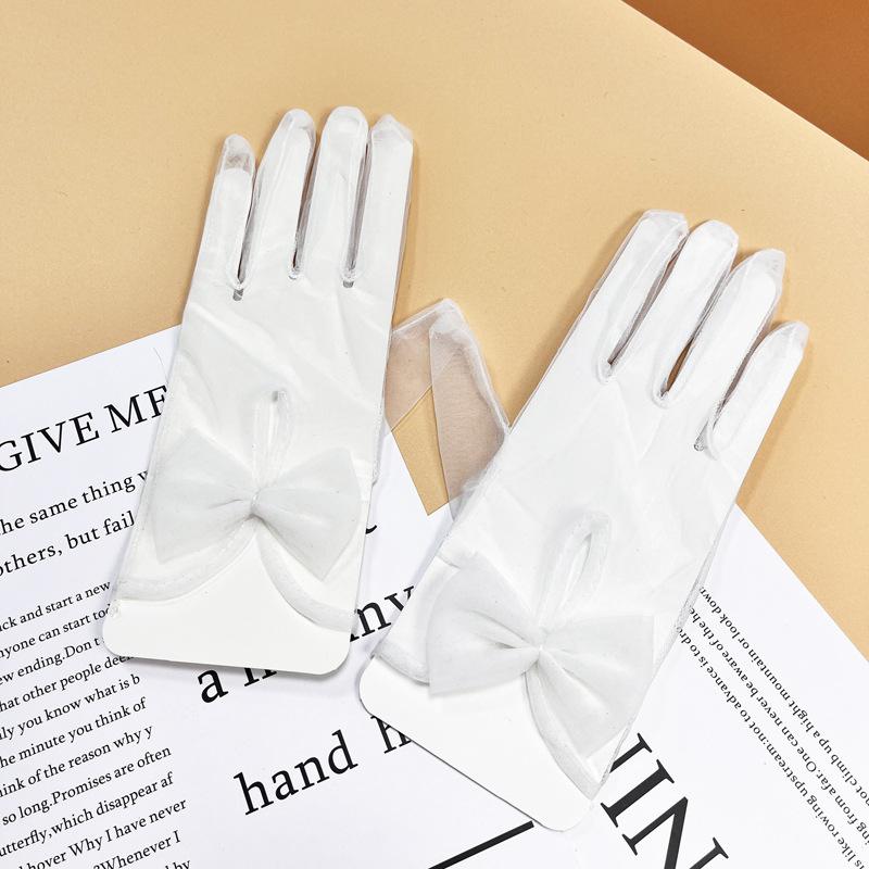 Damen Schleife Kurze Gaze Handschuhe Schwarz Transparent Sexy Spitze Hohl Tüll Handschuhe Braut Hochzeitskleid Accessoires