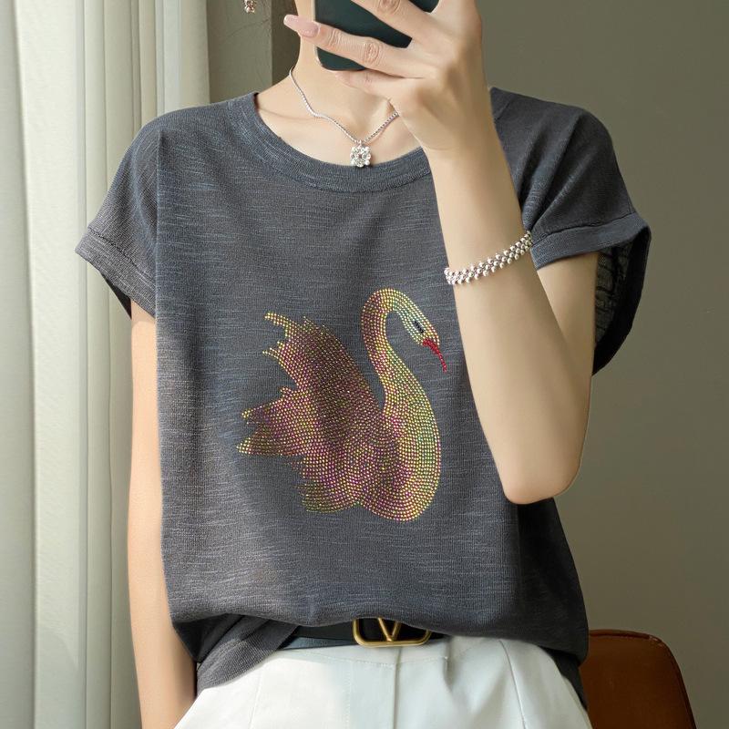 IHUASU Summer Women's Knitwear Cotton Bamboo Hemp Short-sleeved Tops Women's T-shirt Women's O-neck Rhinestone Swan