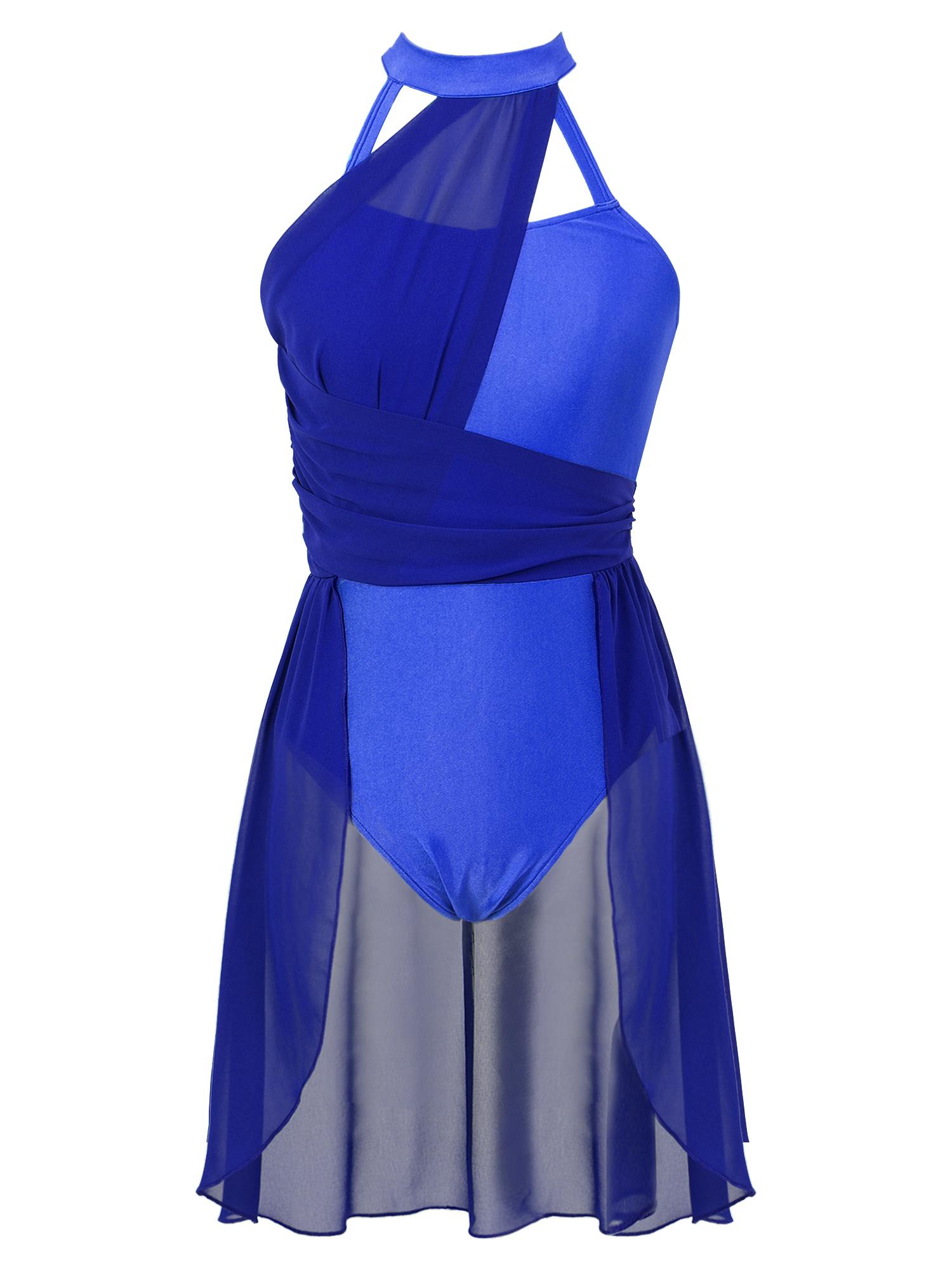 

Womens Lyrical Dance Dress Ruched Chiffon Design Strappy Back Detail Sleeveless Leotard Performance Wear S королівський синій колір