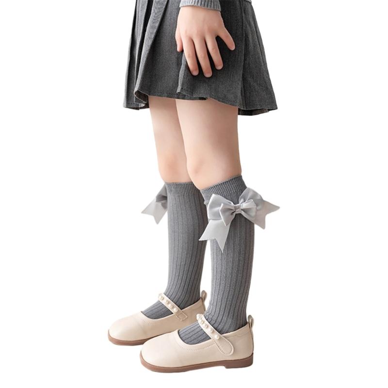 Girls Knee High Cotton Socks Big Ribbons Bow Back To School Socks, Ribbons Bows Long Socks Uniform Party Wear Stockings