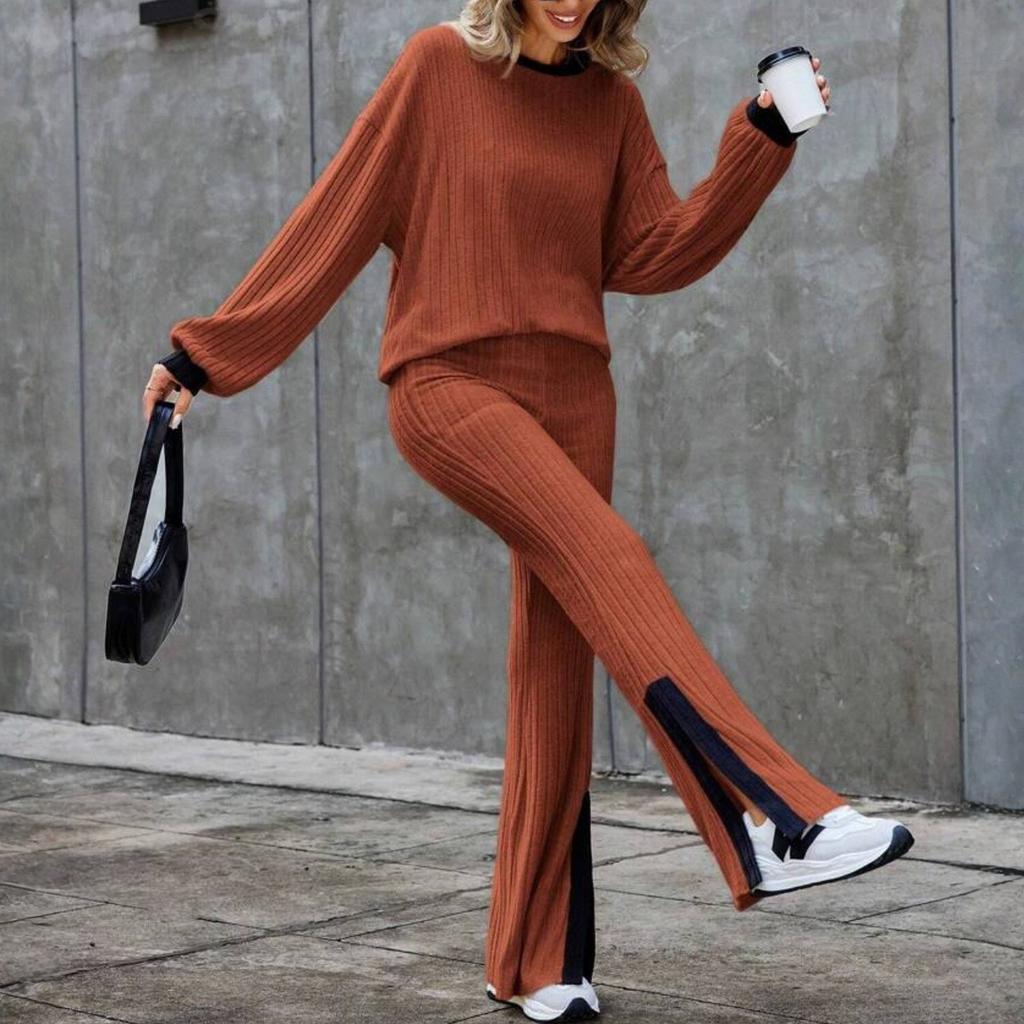 Women's Fashionable Color Blocked Round Neck Long Sleeved Top, High Waist Split Casual Pants Loose Home Suit Set