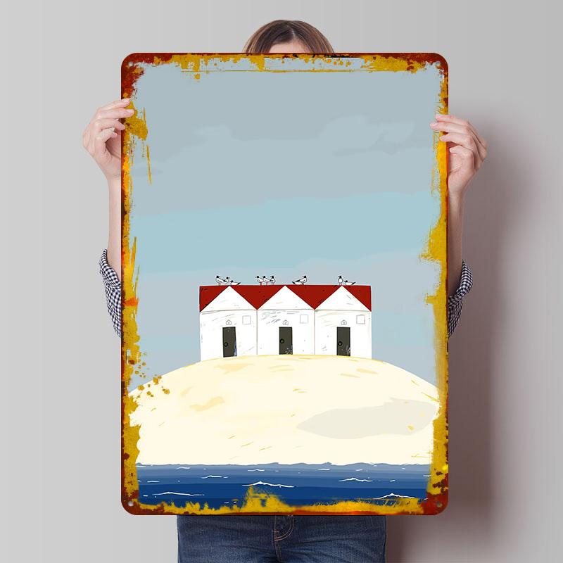 

Beach Huts on Island With Seagulls Tin Plaque Poster Customized Wall Art Retro Vintage Metal Signs for Man Cave Bathroom Decor 20x30cm（7.8x11.8inch）