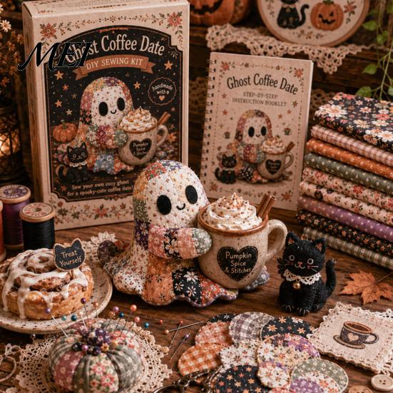 Kreative Halloween-Heimdekoration Geister-Patchwork-Set, Niedliches Puppen-DIY-Nähset mit vorgeschnittenen einzigartigen Ornament-Stoffen, Herbst-Feiertagsbasteln