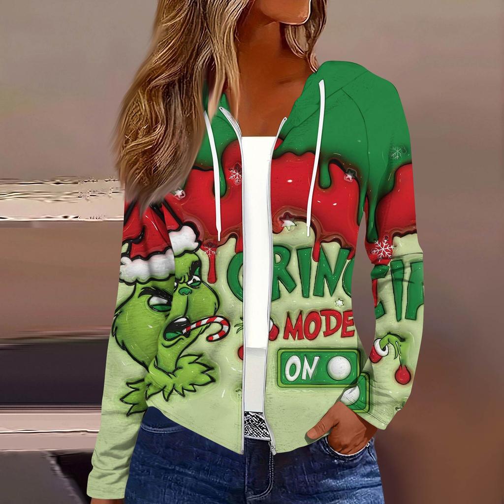 Women's Fashion Christmas Print Casual Zip-Up Long-Sleeved Hooded Jacket