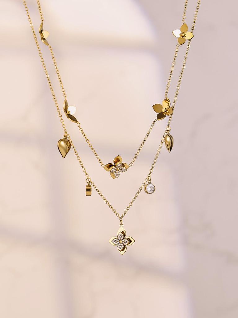 18K Gold Plated Stainless Steel Jewelry Set with Zirconia - Necklace, Bracelet, Earrings - European American Fashion Style.