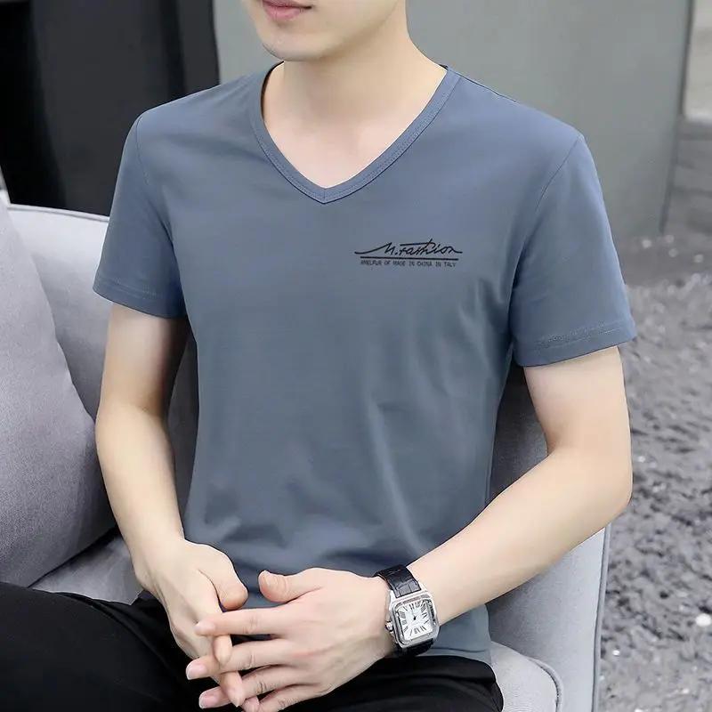 Top V Neck Streetwear Blue Clothing Alphabet Man Tee Shirts Smooth T Shirt for Men Summer Chic Fashion Hot High Quality Xl S