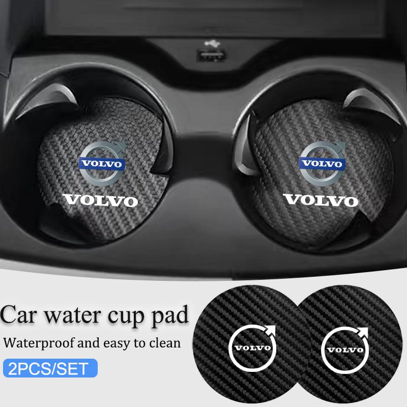 2Pcs Carbon Fiber Leather Coaster Car Water Cup Anti-slip Pad Mat Auto Interior For Volvo V50 XC90 V40 XC40 XC60 V60 AWD S80 C30