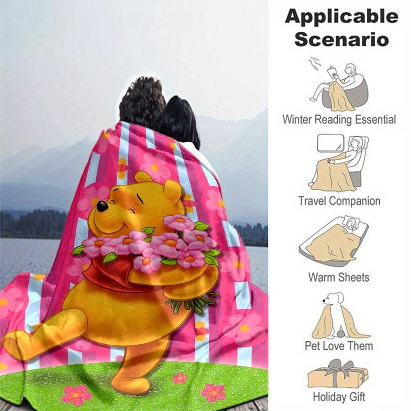 1pc. Cartoon Winnie The Pooh Floral Throw Blanket, Seasonal Home Decor Gift for Friends, Soft Flannel Throw Blanket, Versatile & Cozy for Be