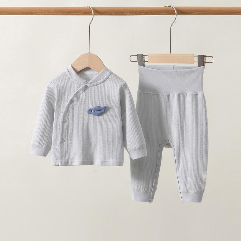 Newborn High-Waist Belly Protection Cotton Two-Piece Set for Boys and Girls - Autumn Home Wear Top and Bottoms