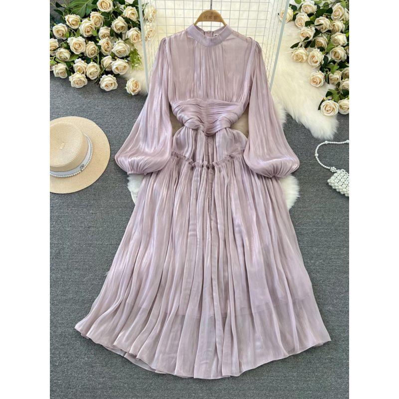 Ruched K-style Lantern Stand-up Collar Cinched Dress Sequin