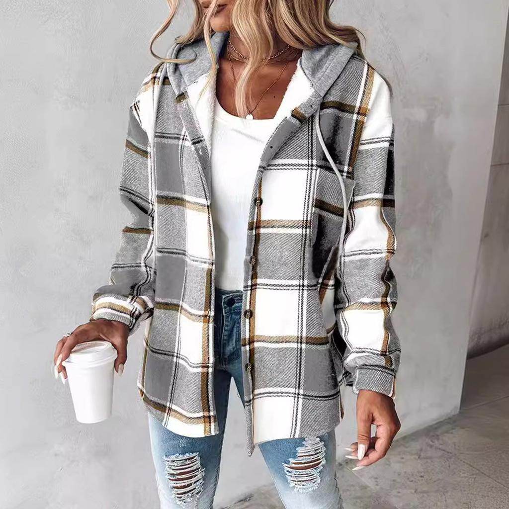 Women's Casual And Fashionable Large Plaid Pattern Patchwork Hooded Button Jacket