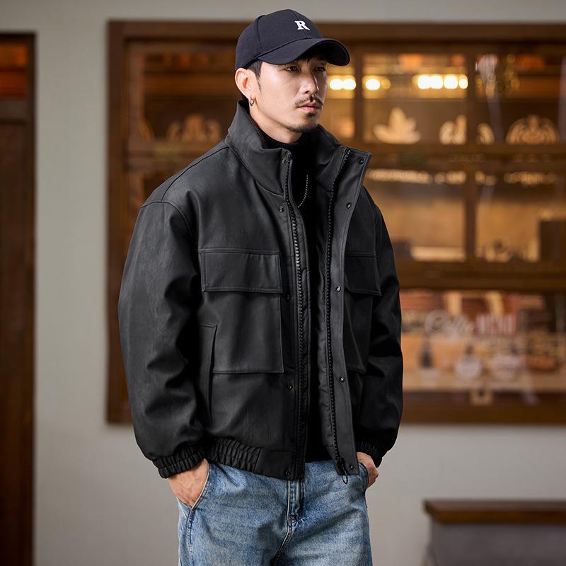 

2026 Men s PU Leather Down Jacket - Trendy American Workwear with Large Pockets M for 50-60kg чёрный